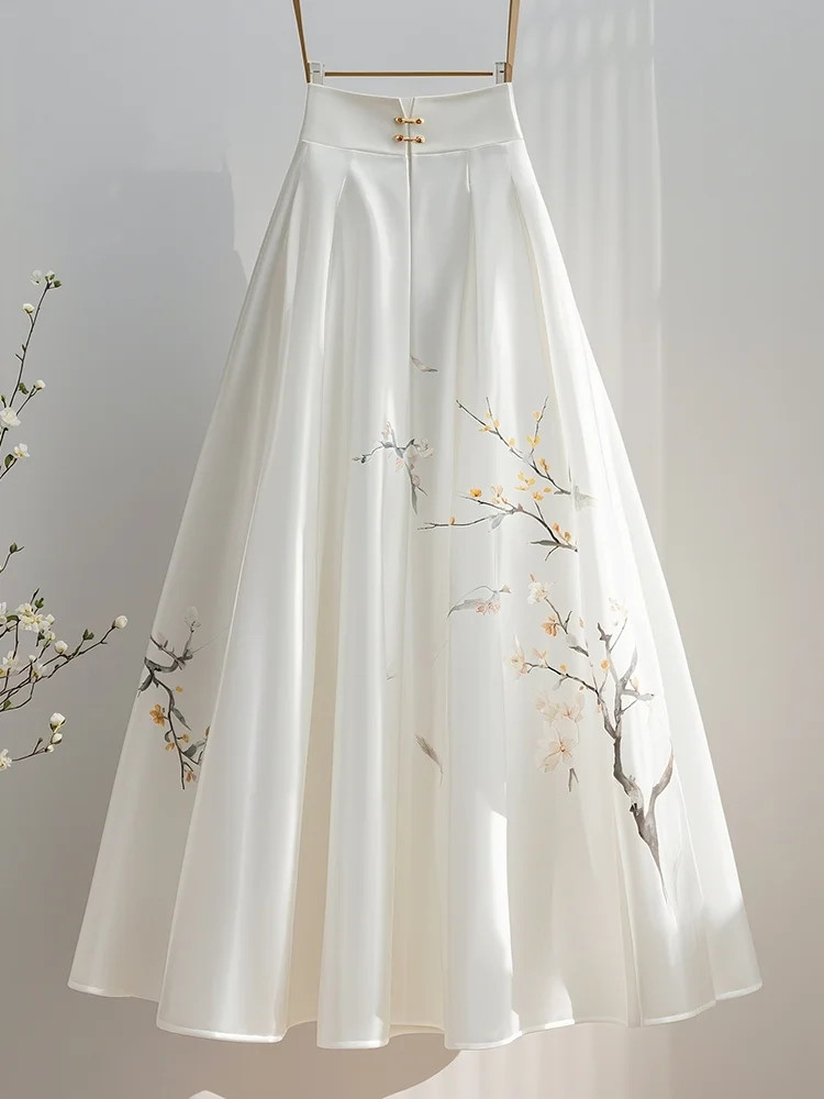 Elegant Temperament Chinese Style Printing Solid Color Skirt Women Spring Summer