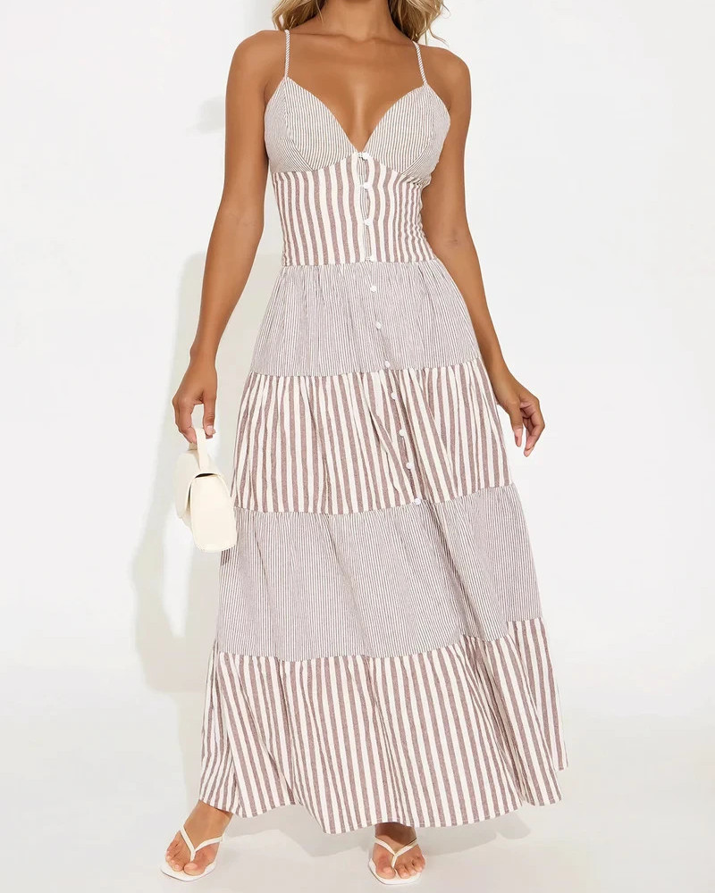 Womens Sweet As Honey Stripe Maxi Dress size M Brown Tiered Button Front Zip Up
