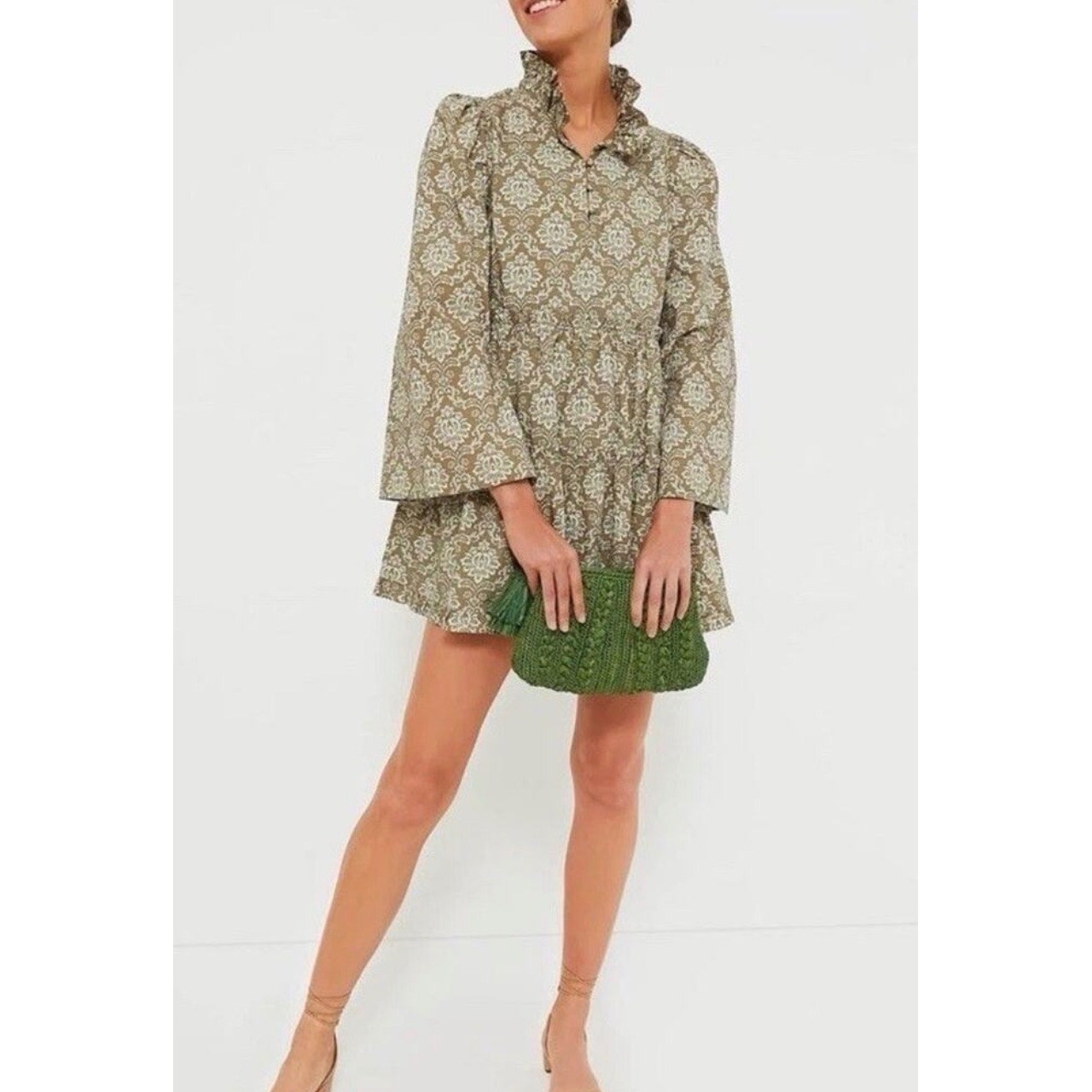 Tuckernuck Hyacinth House Moss Printed Russell Bell Sleeve Tier Mini Dress NWT M