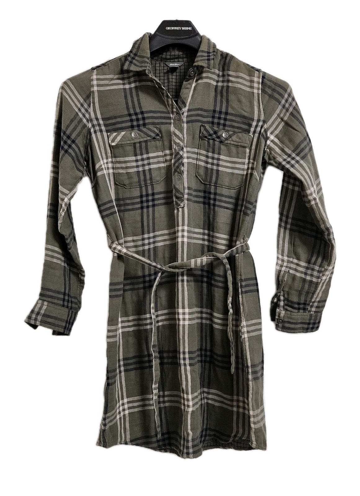 Eddie Bauer Green Plaid Soft Flannel Shirt Dress Size 6 Belted Side Pockets VGUC