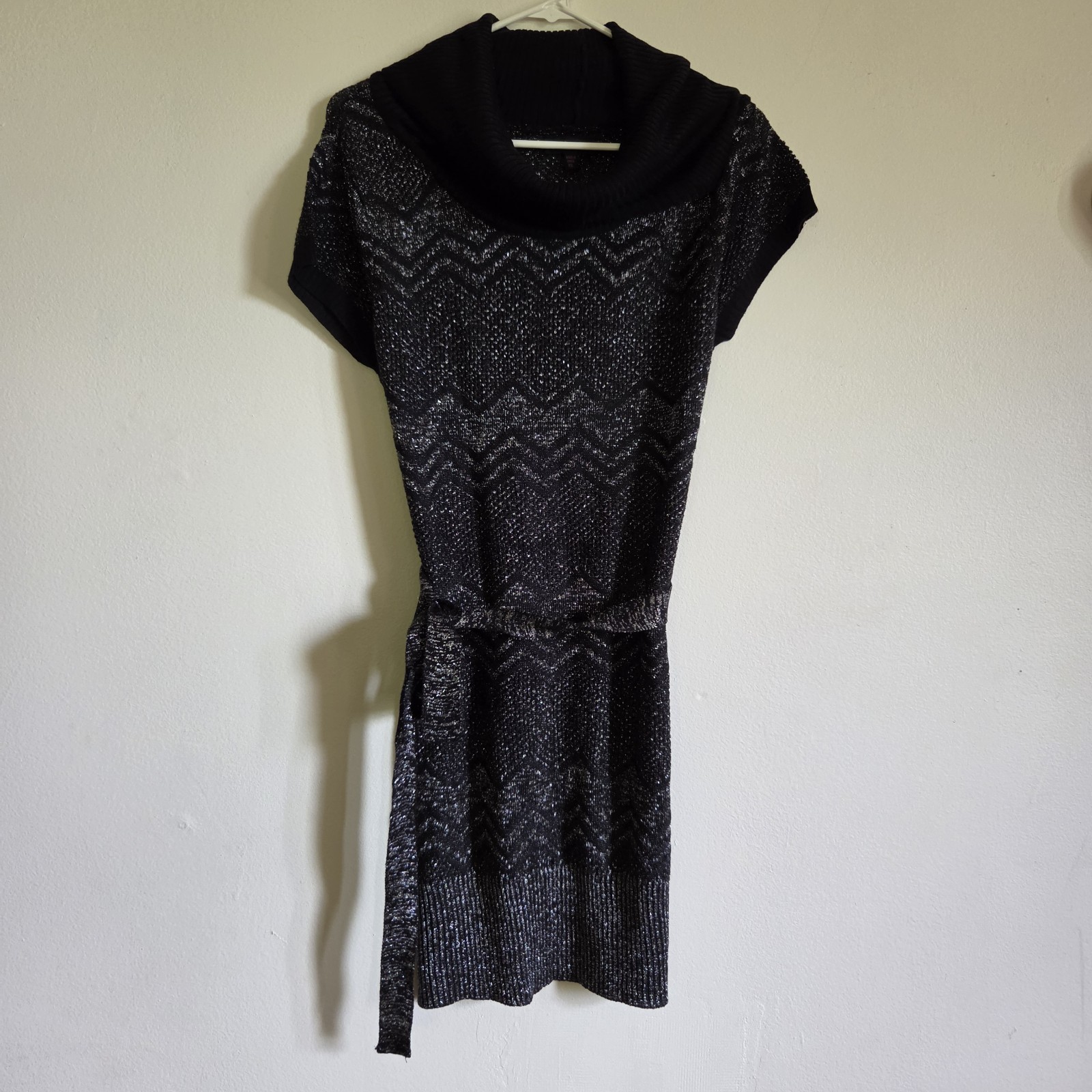 Glo Jeans XL Black Silver Metallic Knit Sweater Dress Cowl Neck Belted