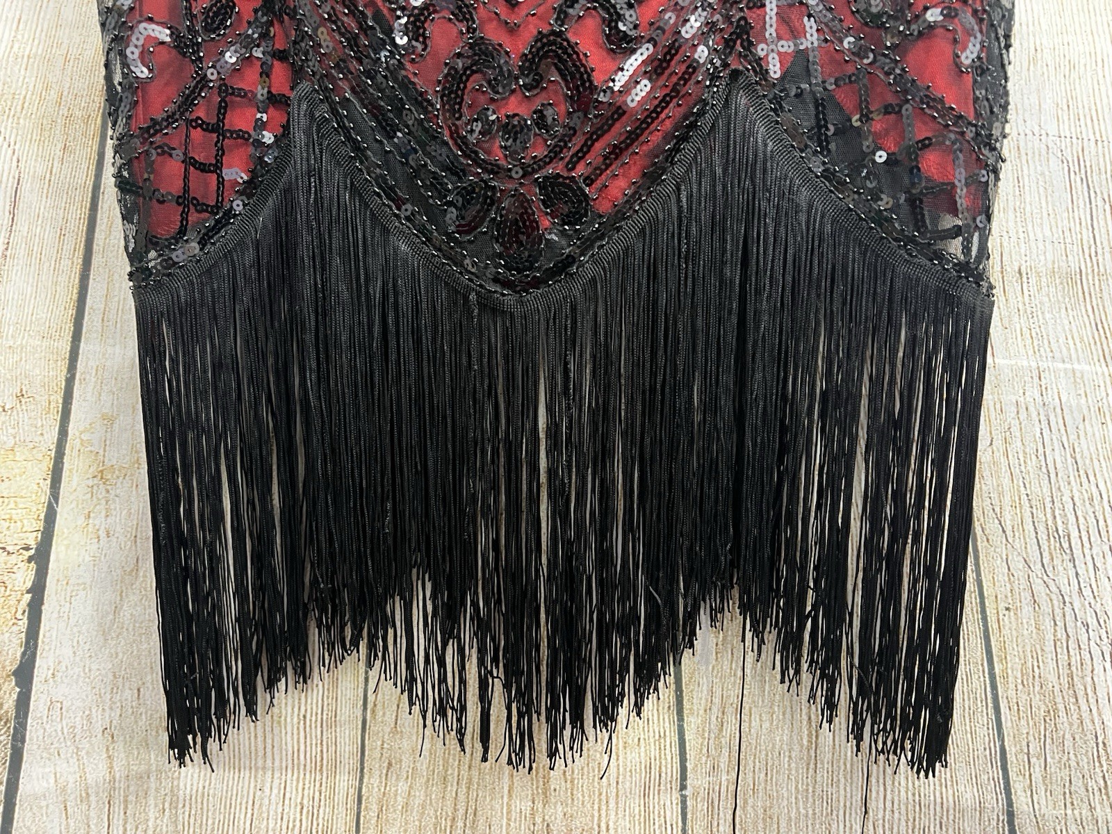 Flapper Dress Roaring 20s M Red Black Beaded Sequin Fringe Gatsby Art Deco Party
