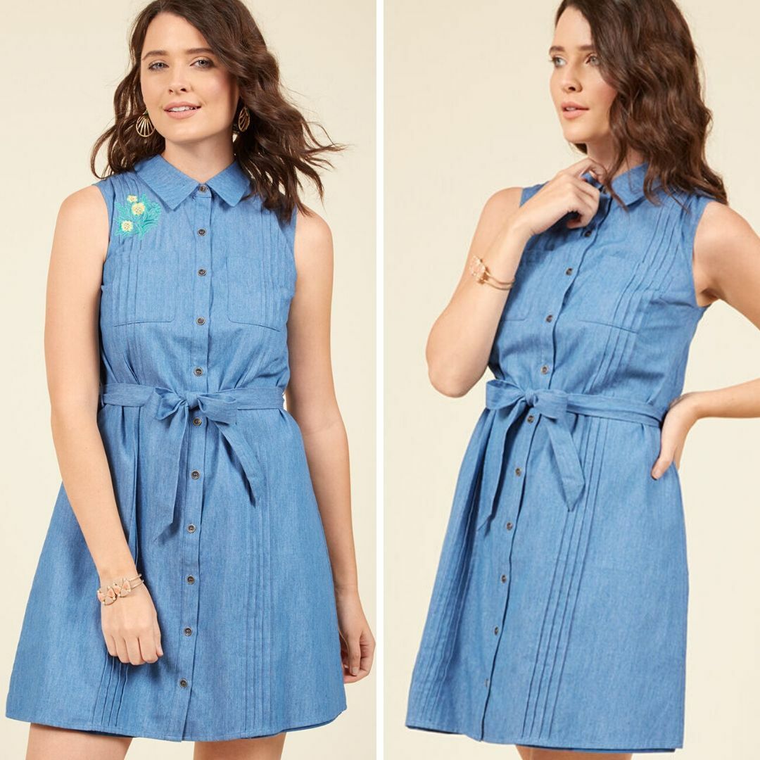 Modcloth NEW Shared Vision Chambray Embroidered Shirt Dress Size Small
