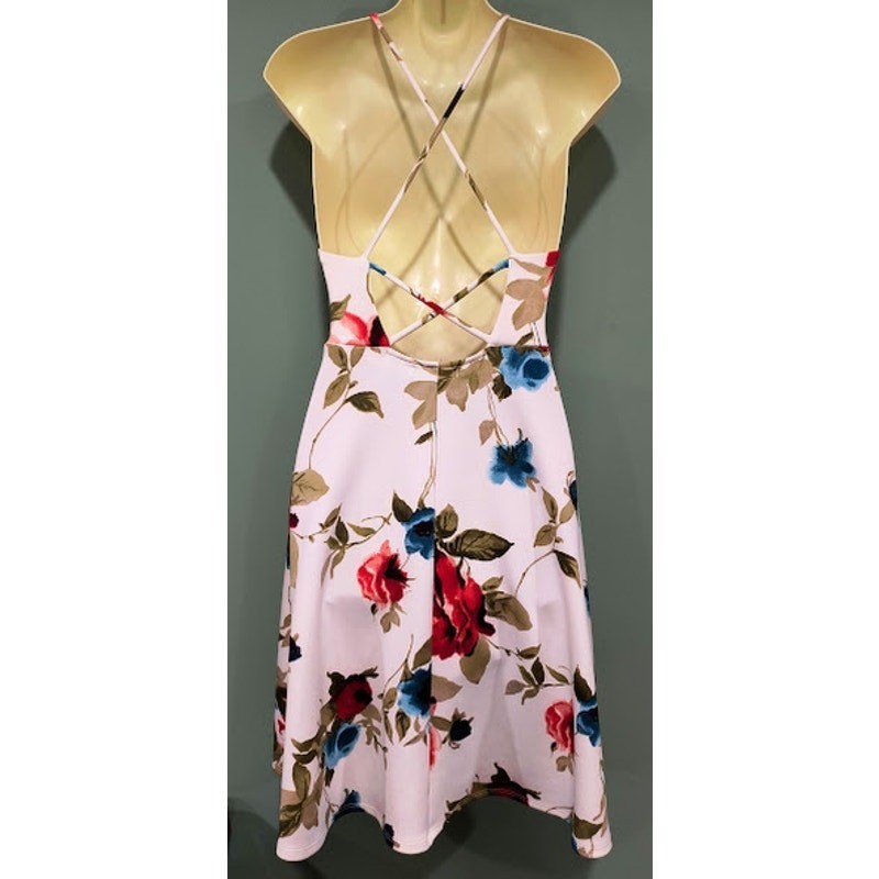 AQUA Rose Print Sundress with Crisscross Back Straps, Wht, Red, Blue, Sz S