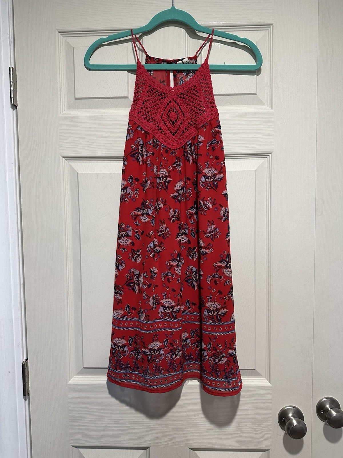 Speechless Red Floral Crochet Bib Halter Mini Dress Boho Summer Sleeveless Small
