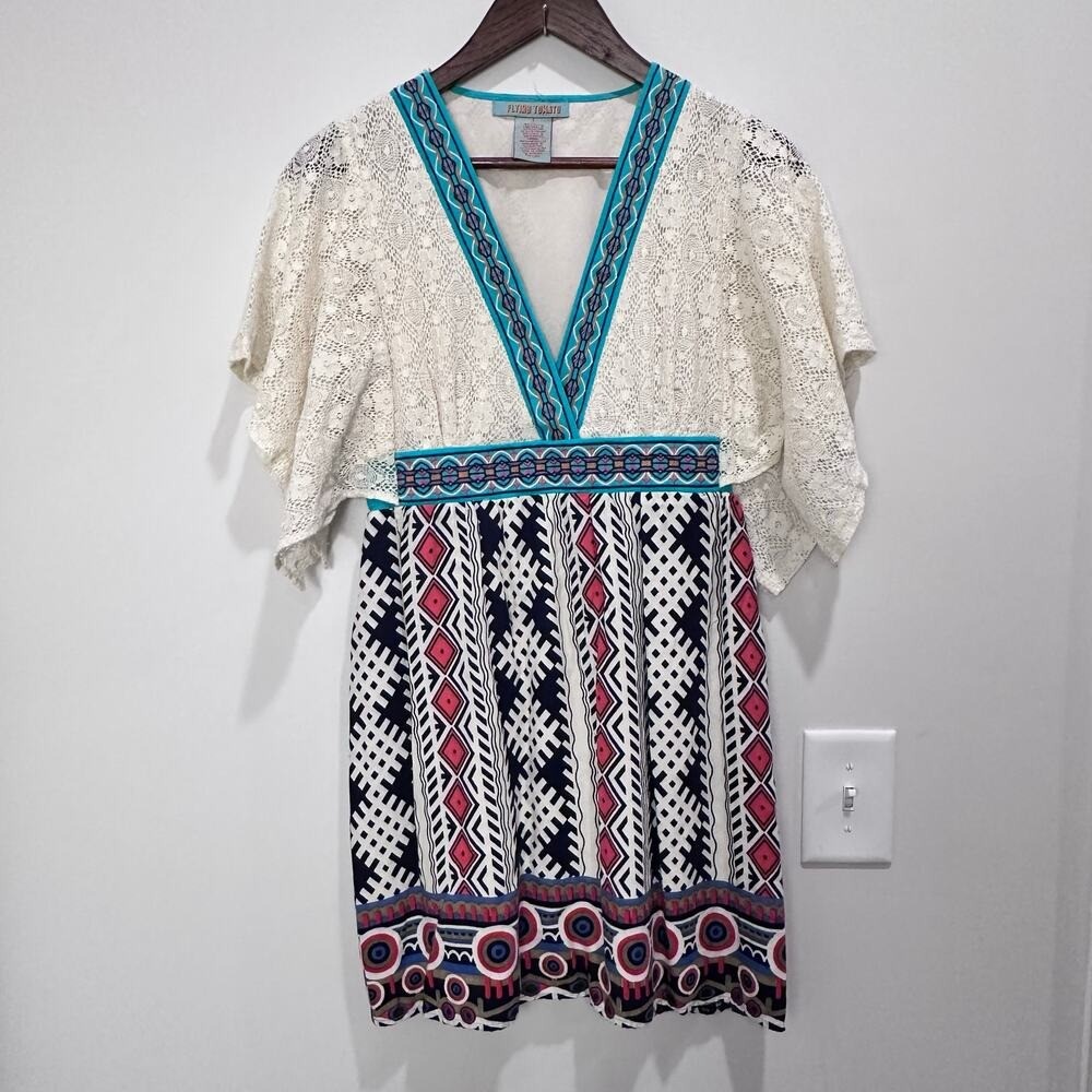Flying Tomato Mini Dress Medium White Blue Pink Lace Boho Festival Tribal