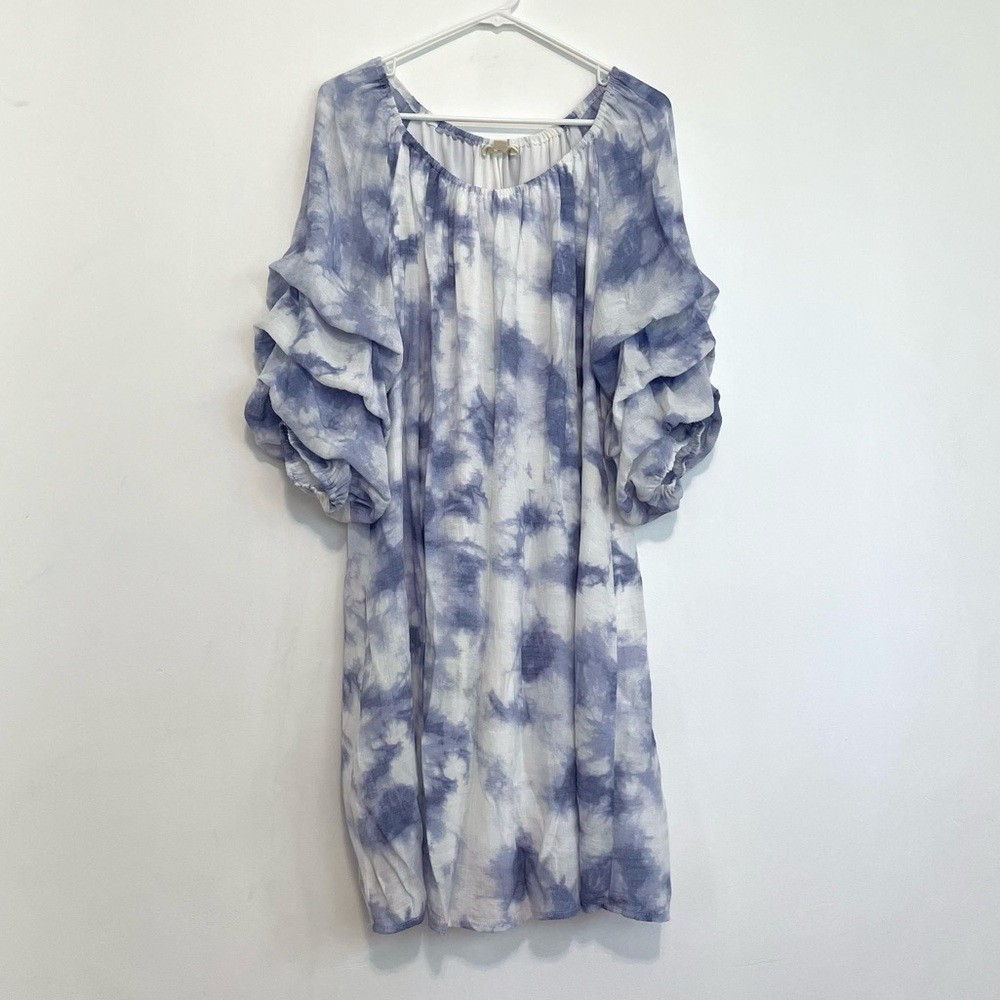 INDIGO ROSE Plus Size White Blue Tie Dye Watercolor 3/4 Puff Sleeve Dress sz 2X