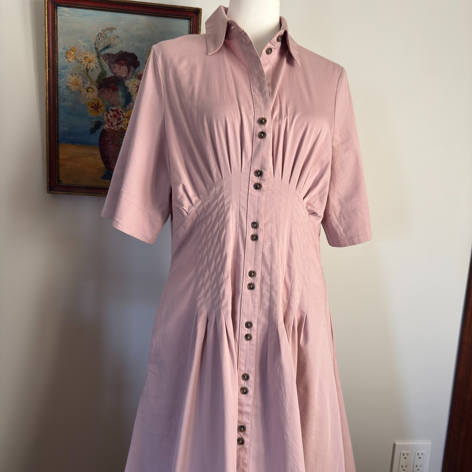 Banana Republic Pink Pintuck Maxi Shirt Dress Fit Flare Cotton Small Minimalist