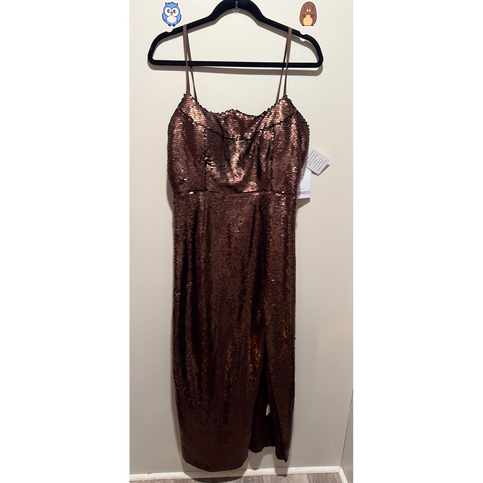 Violet Weekend Brown Sequin Maxi Dress Prom Formal Gown Side Slit Size 11/12