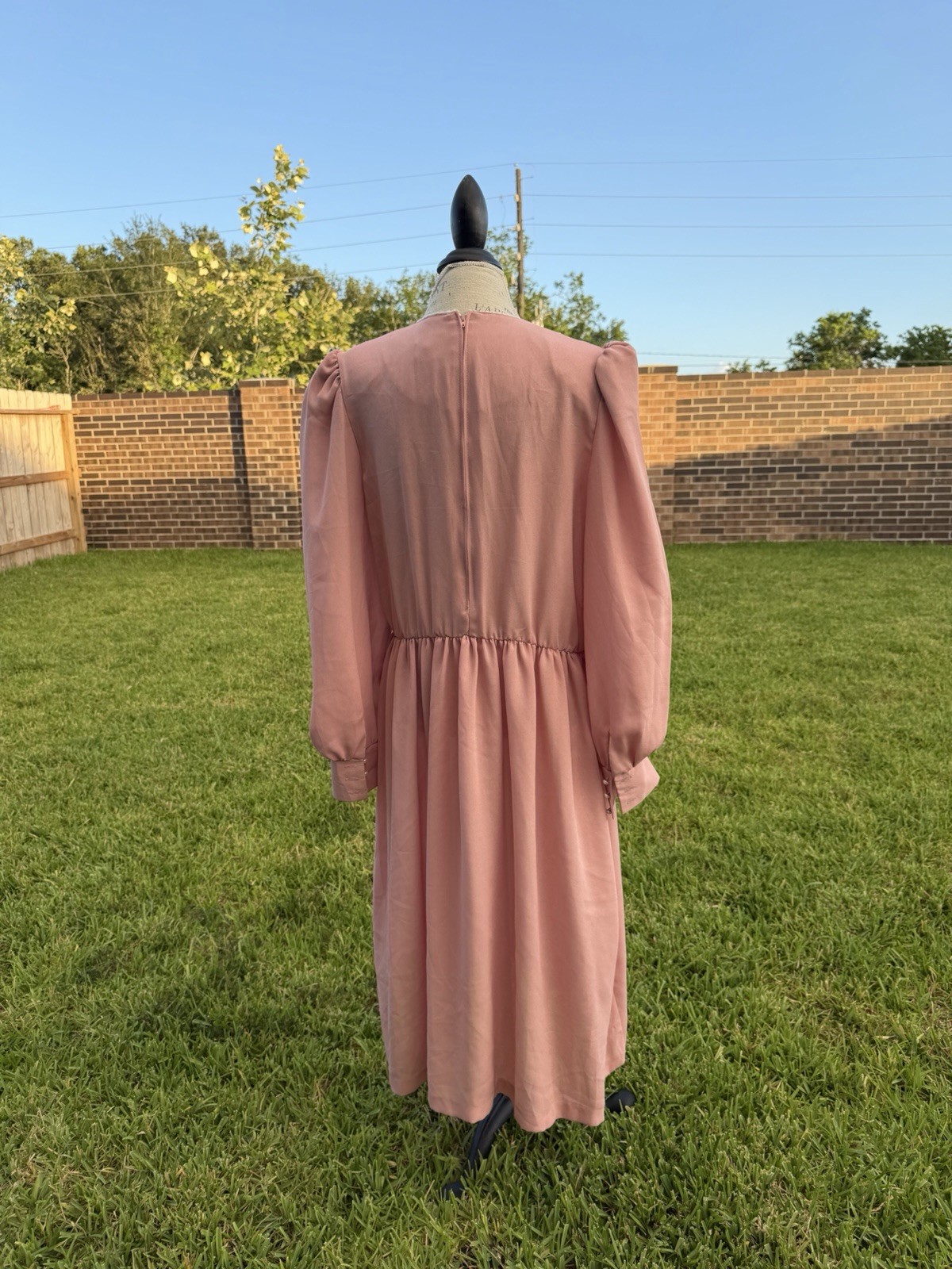 Terri Ellen Pink Solid Midi Dress Round Neck Puff Sleeve Beaded Zip