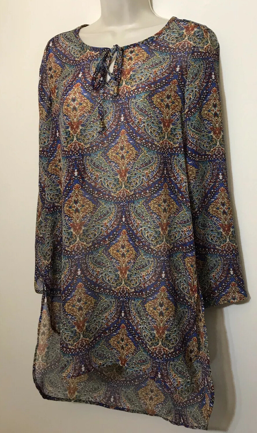 Bobeau Small Tunic Dress Blue & Green Long Sleeve Semi Sheer Lightweight