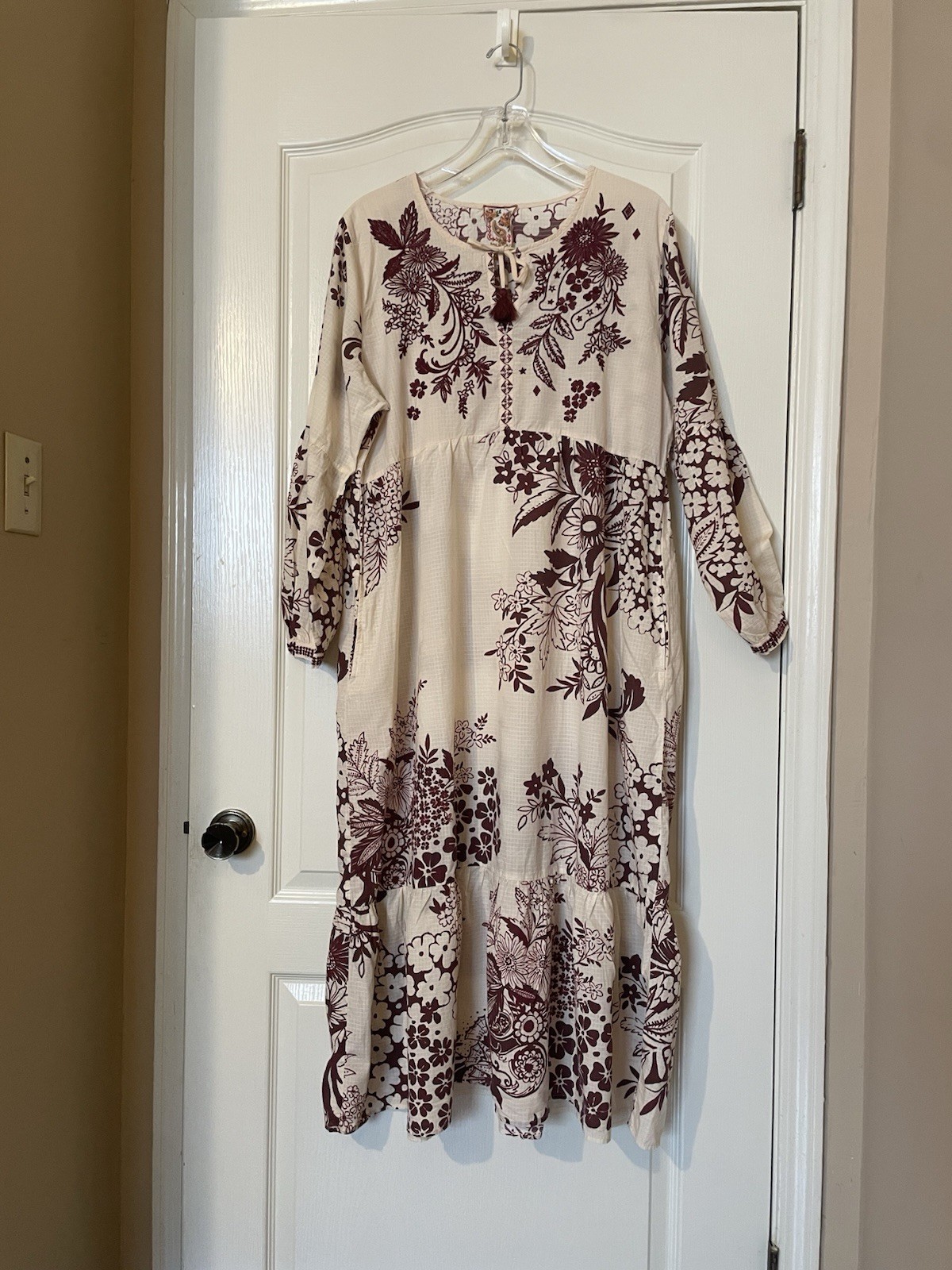 Johnny Was Aquijio Tiered Bishop Sleeve Floral Cotton Blend Midi Dress Size XL