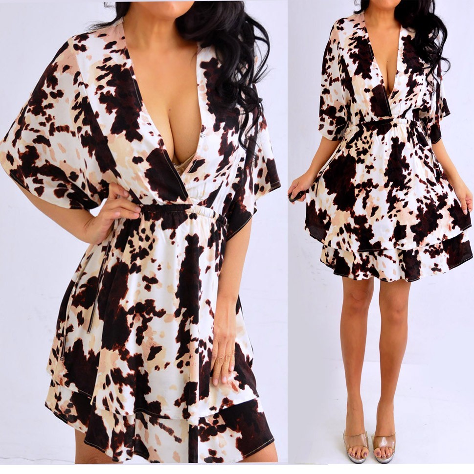 Brown Beige Ivory Kimono V Neck Short Mini Dress Size M Medium NEW