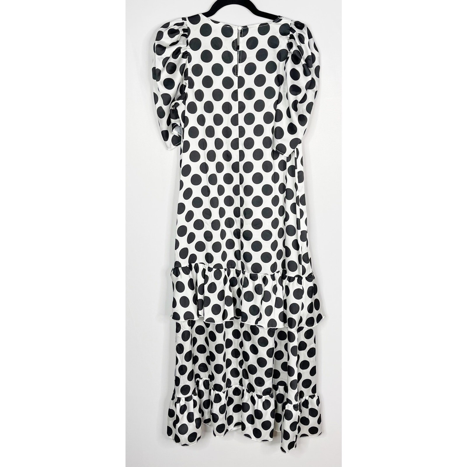 Blume Studio Maternity US 6 White Black Polka Dot Satin Tiered Ruffle Maxi Dress