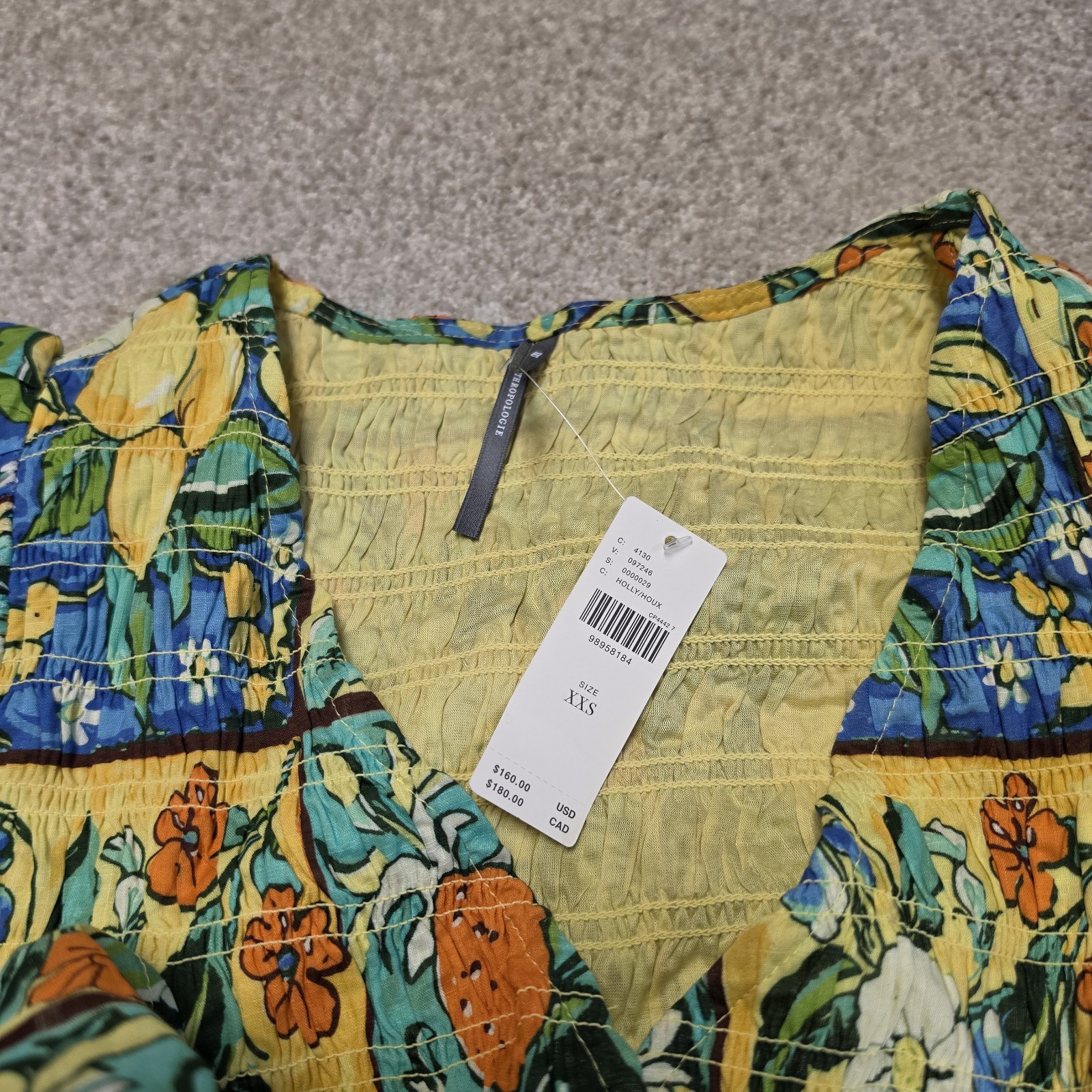 Anthropologie Peregrine Flutter Sleeve Midi Dress Citrus Floral Tile Print XXS