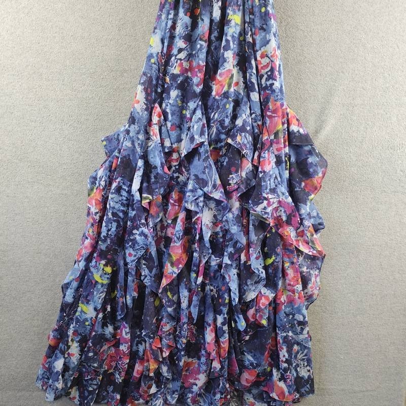 Lauren Ralph Lauren Print Ruffle-Trim Crinkle Georgette Gown Womens 4 Blue Multi