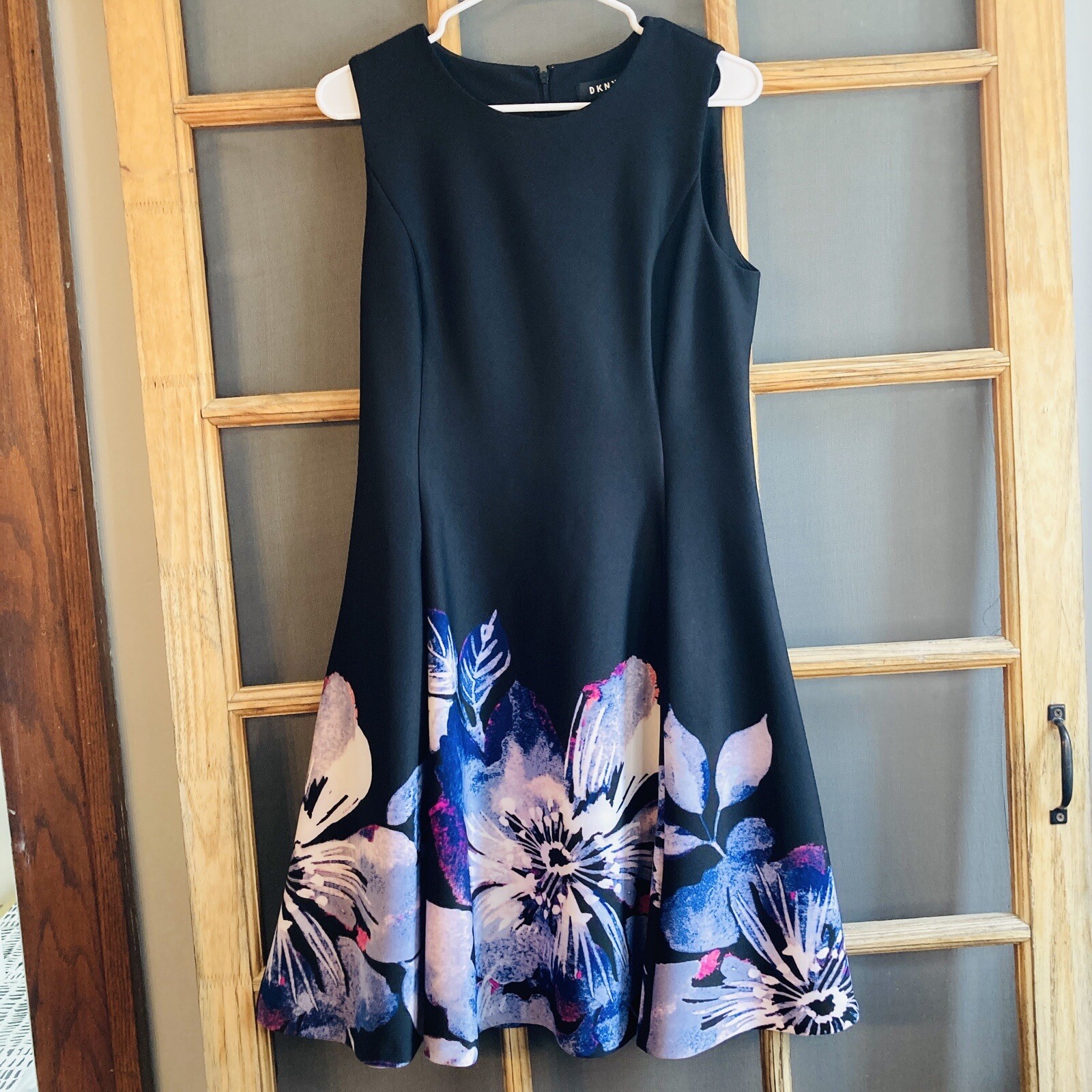 DKNY Black Sleeveless Dress With Large Floral Border, 17.5 in x 38 inches