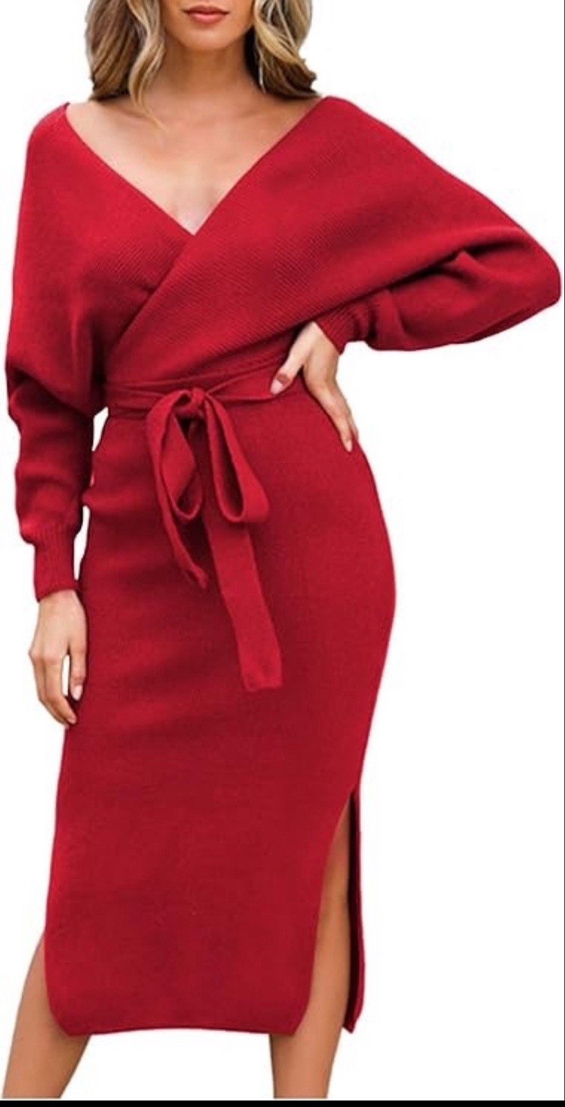 Fixmatti Womens RED XL Midi Sweater Wrap Dress Batwing Sleeve V Neck Backless