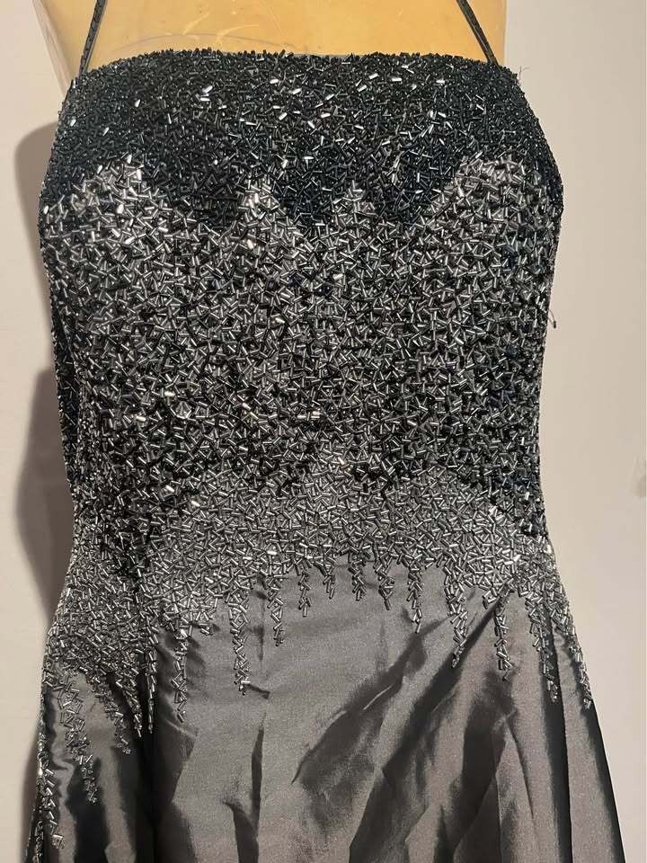 Charcoal Gray Beaded Halter Gown