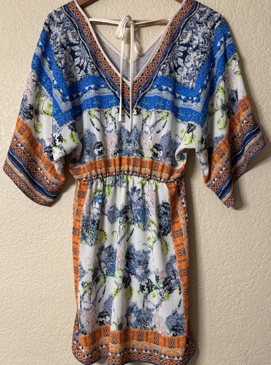 Jealous Tomato Womens Small Boho Tunic Dress Blue Orange Floral Kimono Sleeve