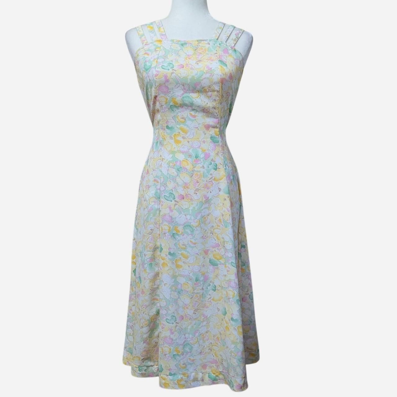 1970s Pastel Romantic Watercolor Floral Strappy Sundress Midi -Small