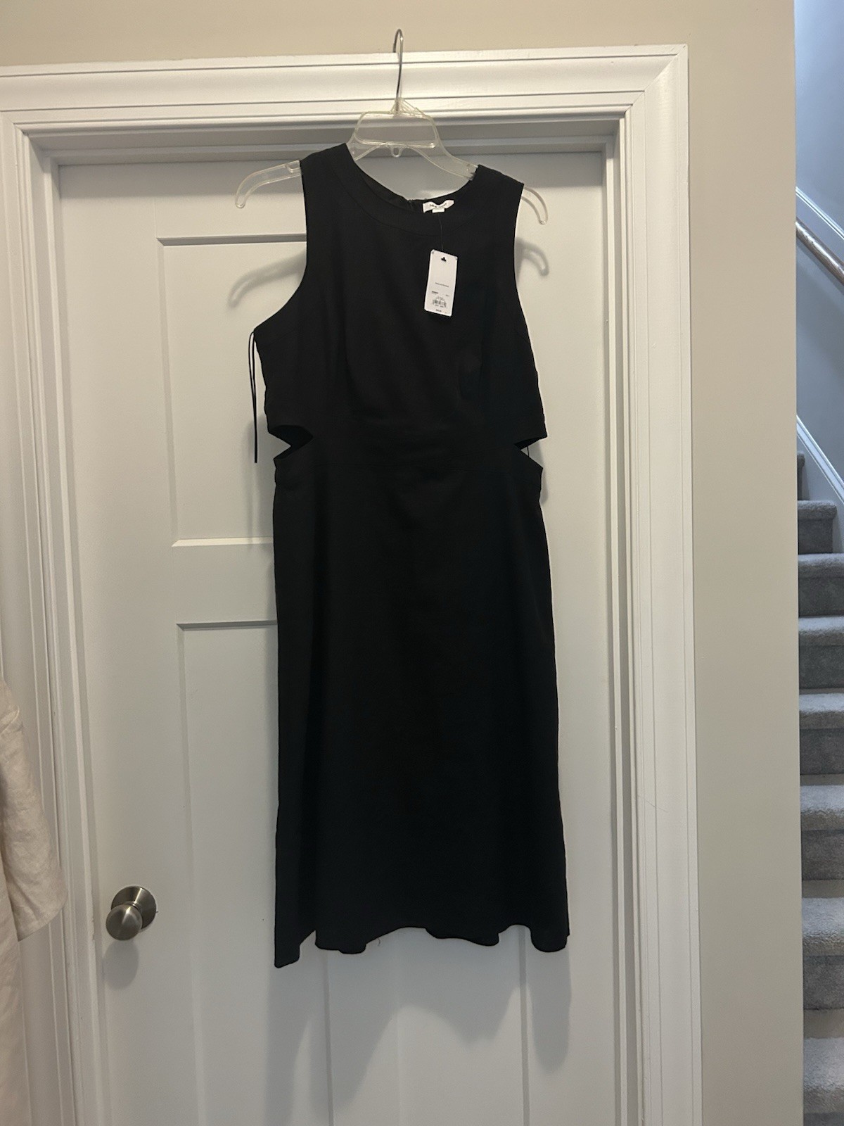 Women Black Cut Out A Line Midi Dress Size Large Summer City Modern Linen Blend