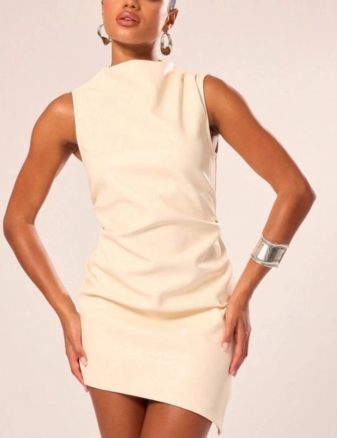 Musera Cream Faux Leather High Neck Asymmetrical Mini Dress XS sz2405282007193
