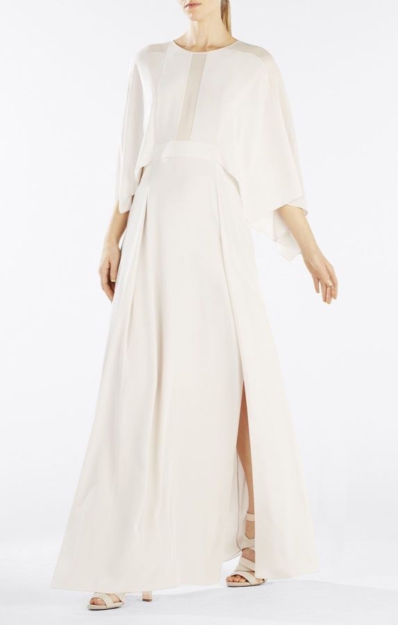 NWT $698 BCBG RUNWAY “Khaye” Silk Maxi Dress Gown – Light Ash / Beige Ivory – S