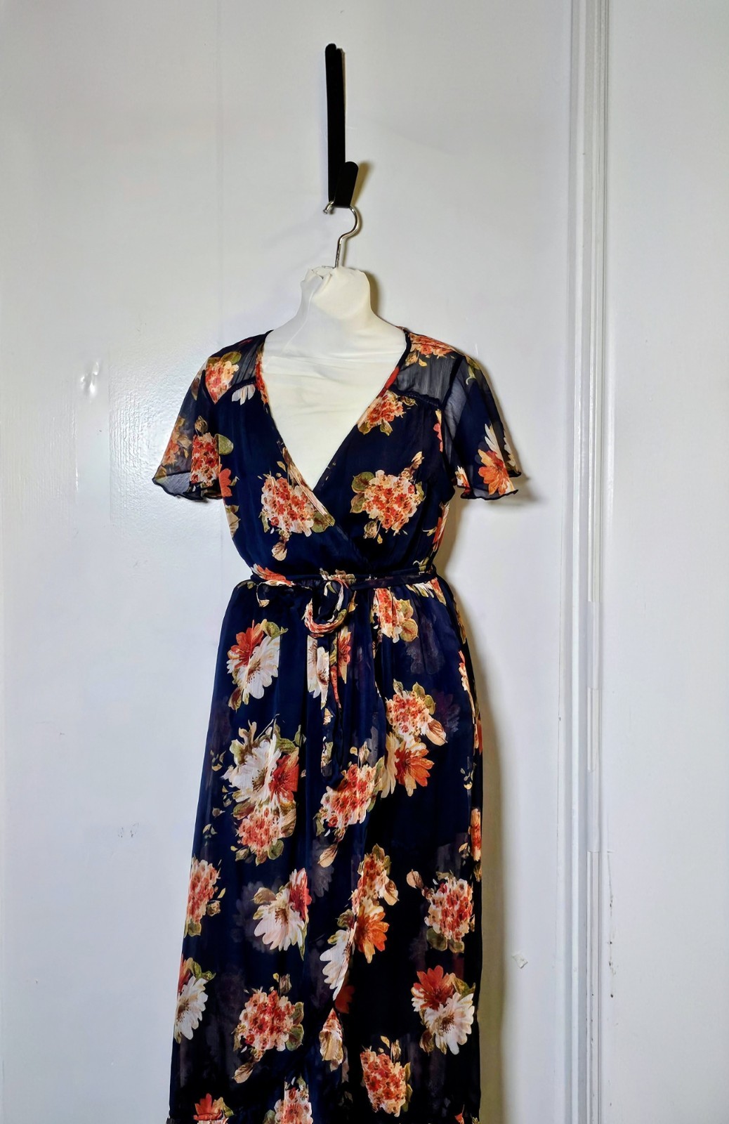 Band Of Gypsies Womens Size Small Maxi Dress Romantic Boho Floral Sheer Blue