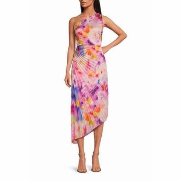 BELLE BADGLEY MISCHKA ‘Kelsey’ Pink-Multi One-Shoulder Asymmetric Dress 8 $219
