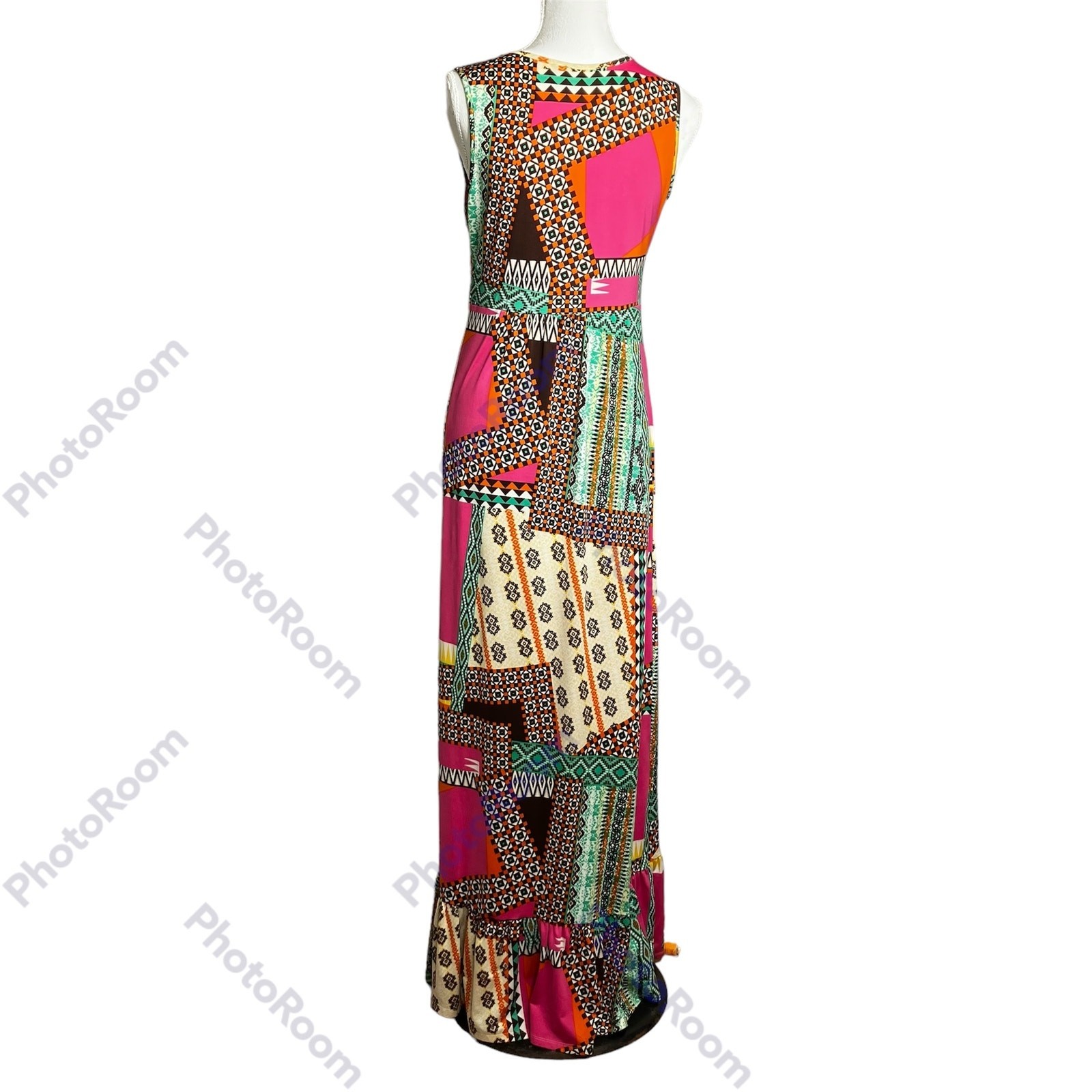 New Directions Dress Womens Multicolor SZ S Patchwork Maxi Macrame Bodice Hippie