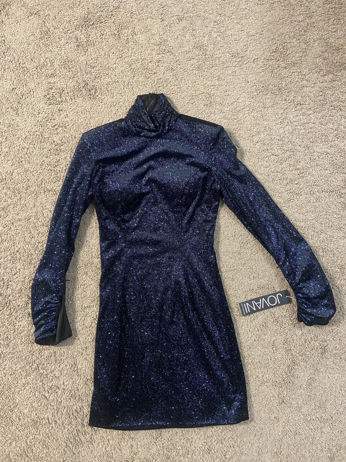 Jovani Dress Womens 6 Blue Black Glitter Mock Neck Long Sleeve Bodycon Mini