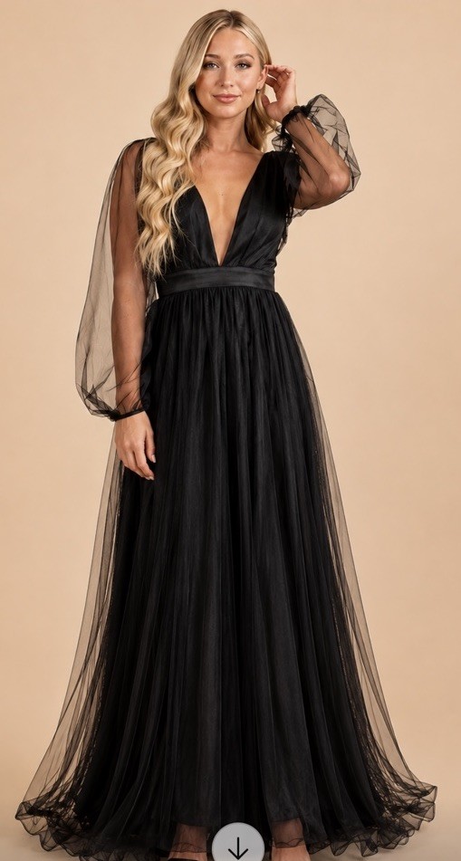 Whimsigoth Black Tulle Maxi Dress M Sheer Bishop Sleeve Plunge V Neck Dark Fairy