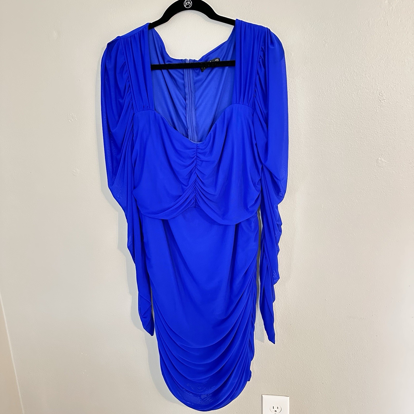 SHEIN Curve Royal Blue Ruched Mesh Body con Dress Sheer Long Sleeve knee length