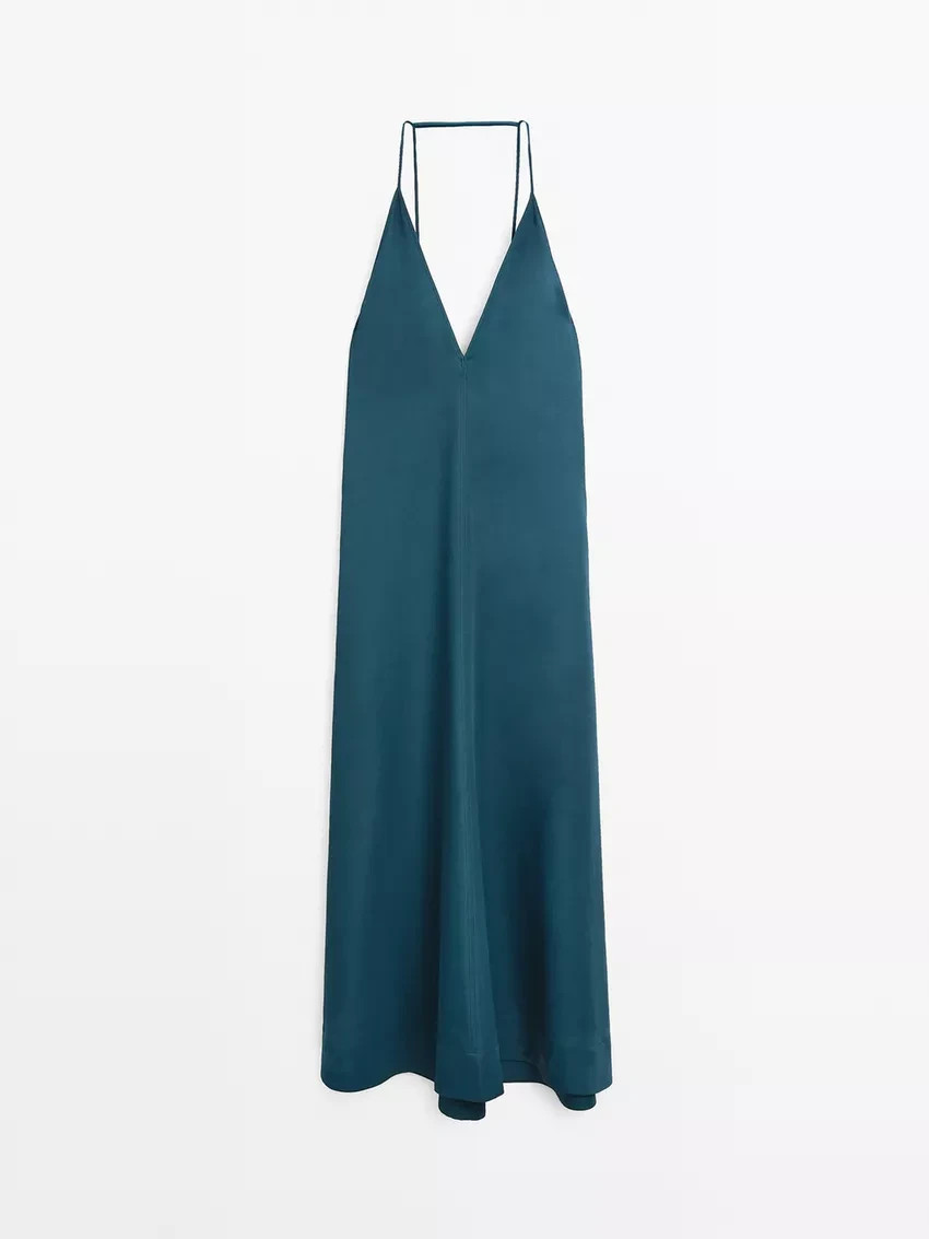 Massimo Dutti Womens Dress EU 38 US 6 Blue Midi Flowing Vneck 6697/595 NWT