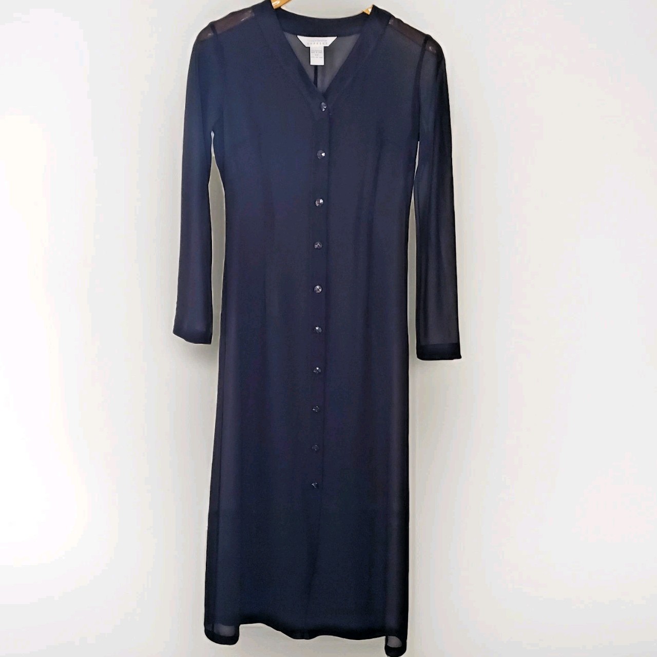 VTG Express Long Sheer Button Dress Sz 2 Black Fitted 90s Minimalist Goth Duster