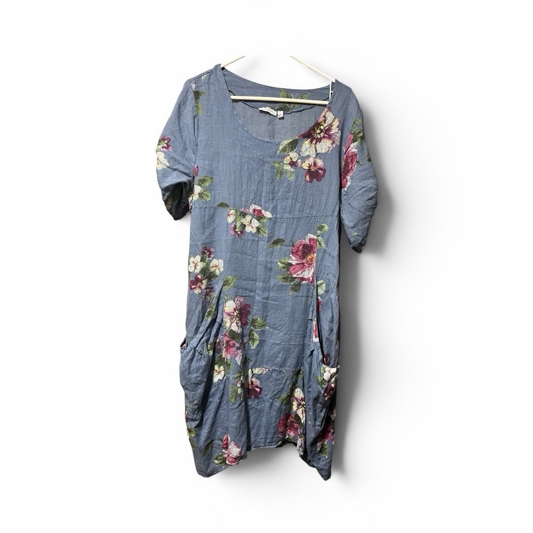 Vasna Women’s Blue Multicolor Floral Linen Short Sleeve Dress with Pockets