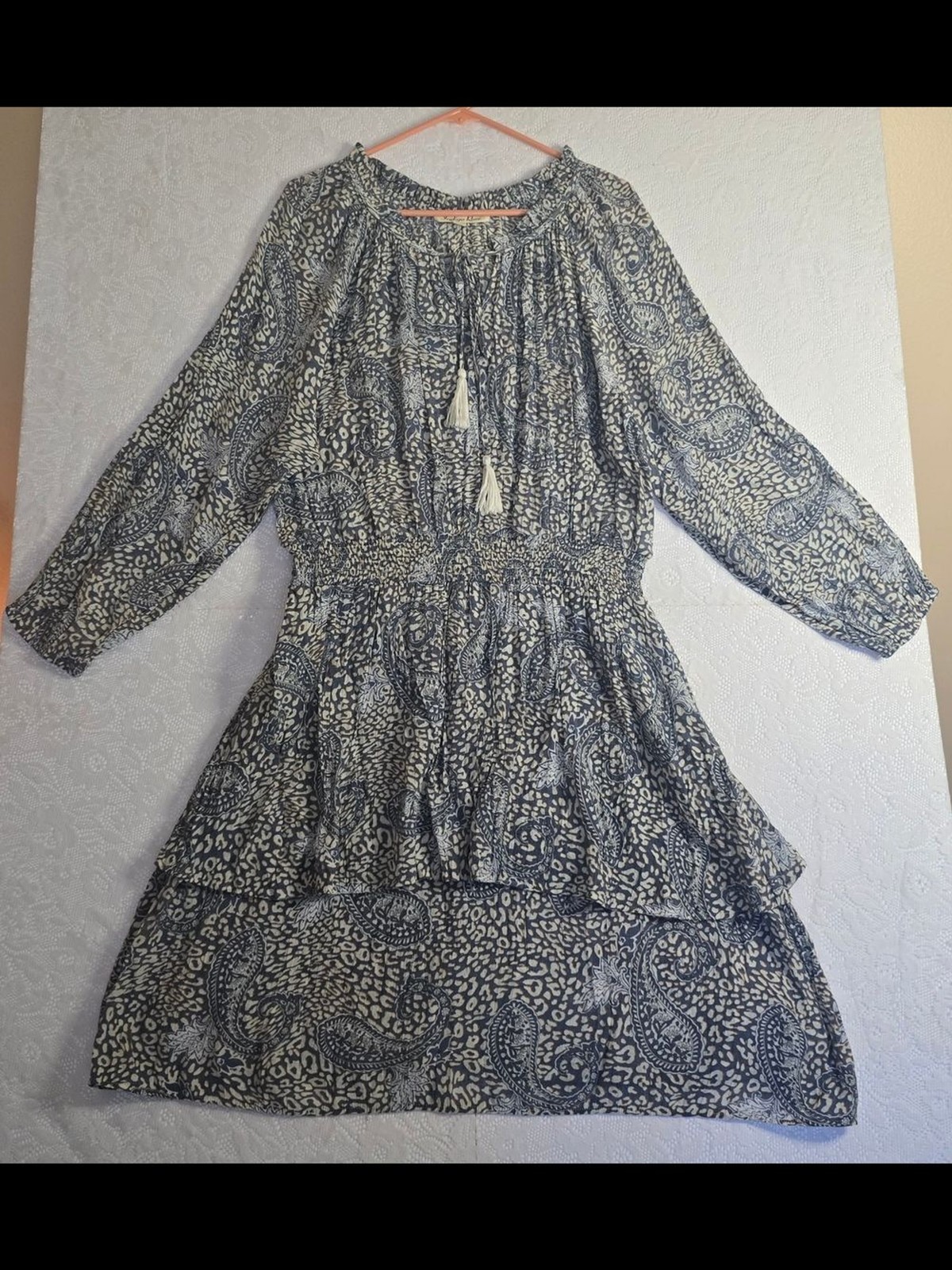 Indigo Rose Blue Mixed Paisley Smocked Waist Tiered High-Low Peasant Dress