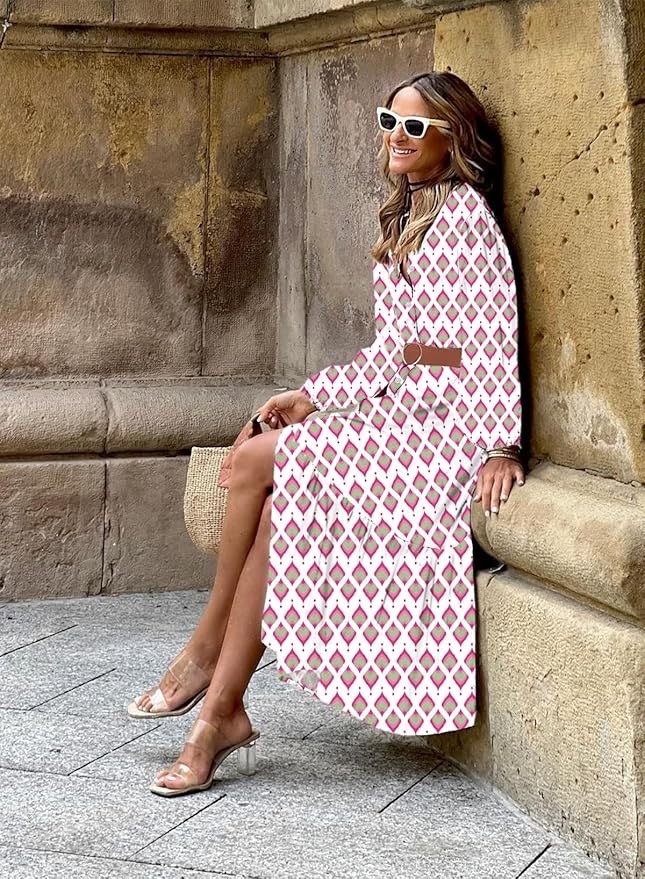 Printed Boho Dress long button down, belted – New XL