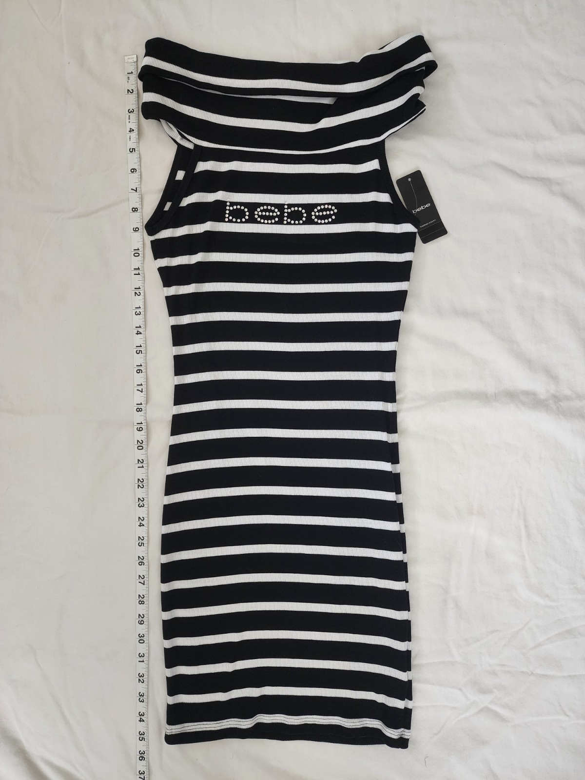 bebe Womens Dress Small Black White Striped Rhinestone Logo Fold Over Neck NWT