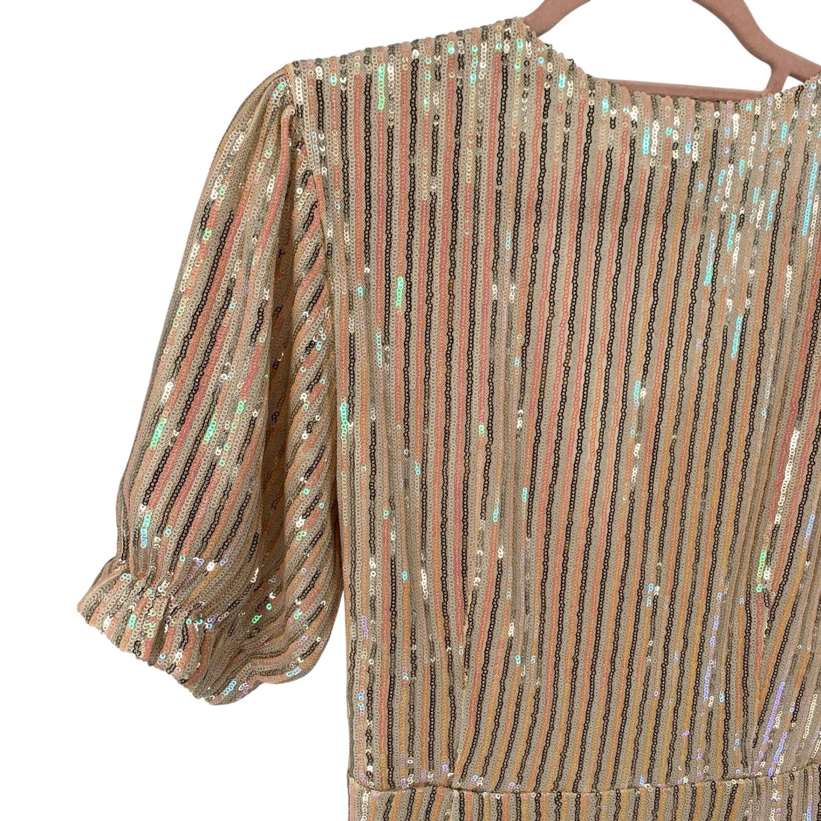 Endless Rose Sequin Striped Wrap Dress Gold Iridescent V-Neck Puff Sleeve Large