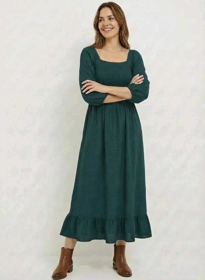 FAT FACE Adele Shirred Dark Green Midi Dress. Size UK 14 Regular . *VGC*
