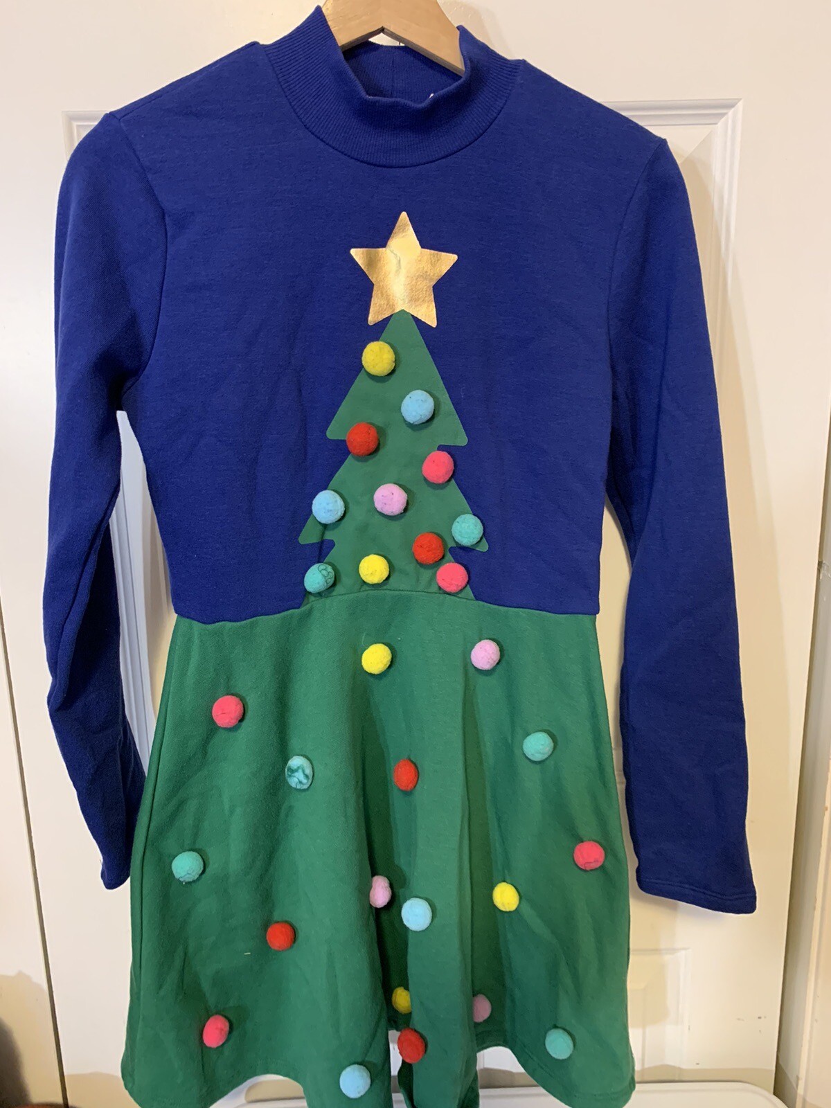 Mighty Fine womens long sleeve Christmas pom pom dress, 35″ long, size Small
