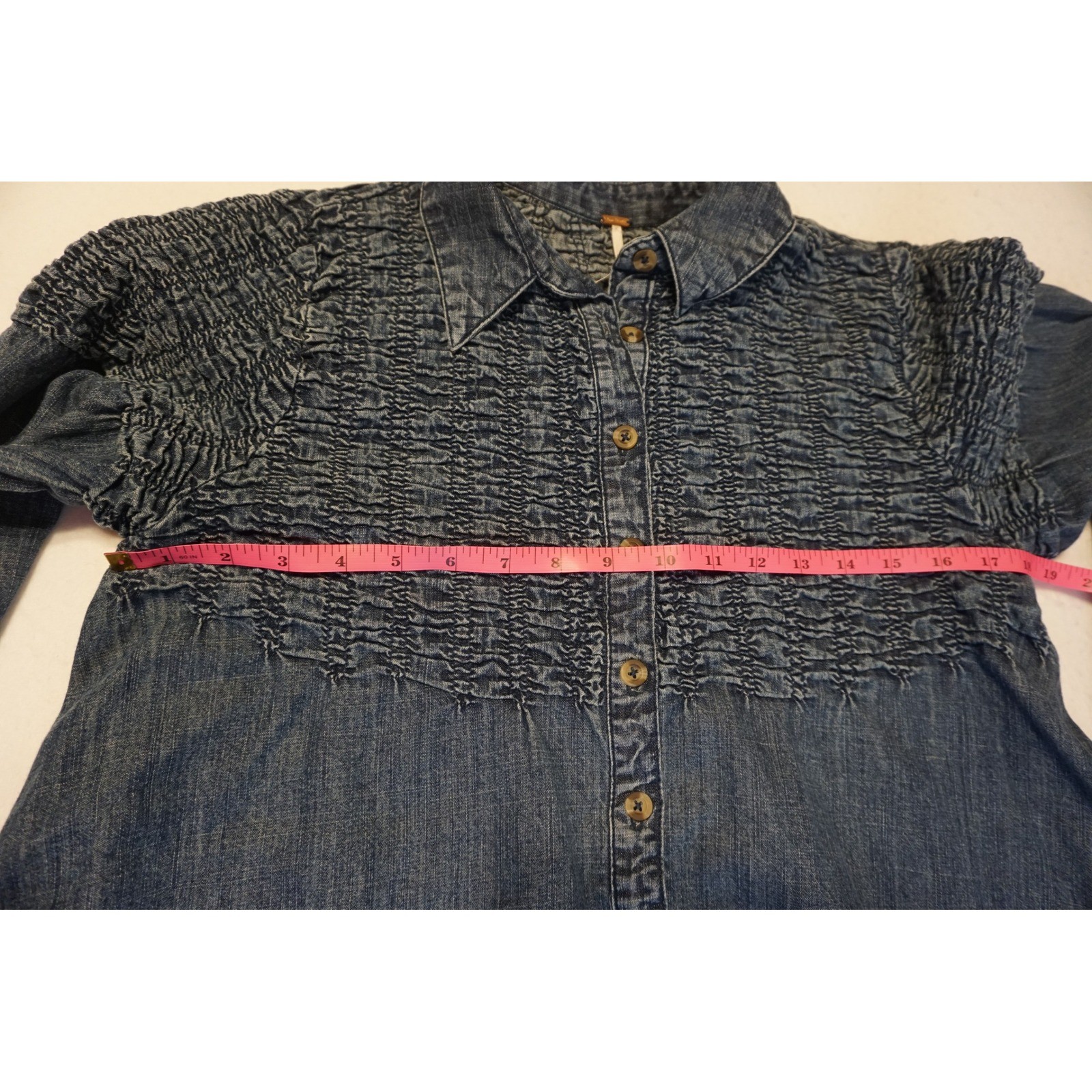 Free People Smocked Denim Button Down Mini Dress Medium Wash Blue Boho XS