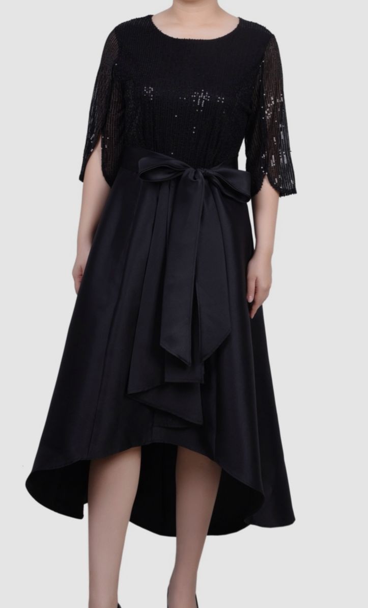 NY Collection Women’s Black Sequin Jacquard High-Low Dress Petite Size PM