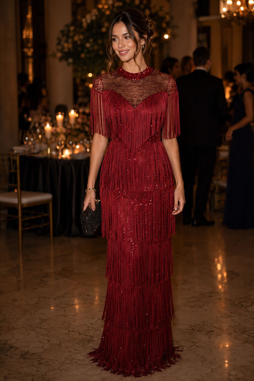 BonBon Royal Red Sequin Fringe Evening Gown Formal Maxi Dress Wedding Guest