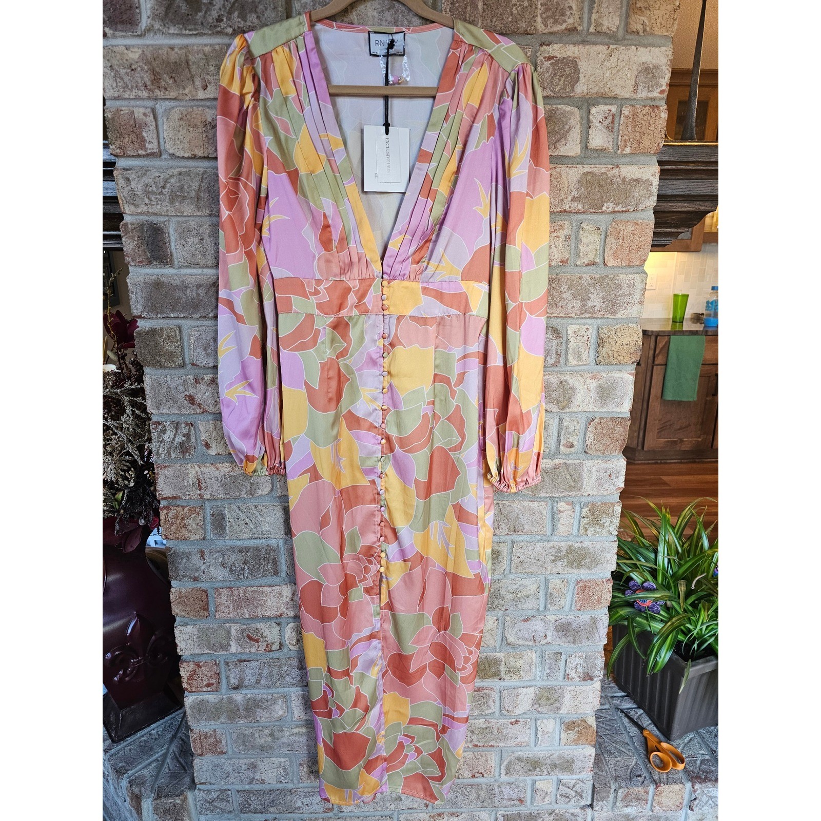 RNWY Sage Mindy Rapture Dress Multi Floral Print V Neck Button Front Medium new