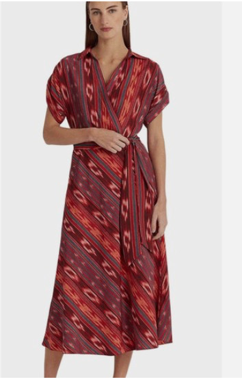 Ralph Lauren Geo Stripe Ikat Belted Crepe Surplice midi Dress size 6 | NEW $165