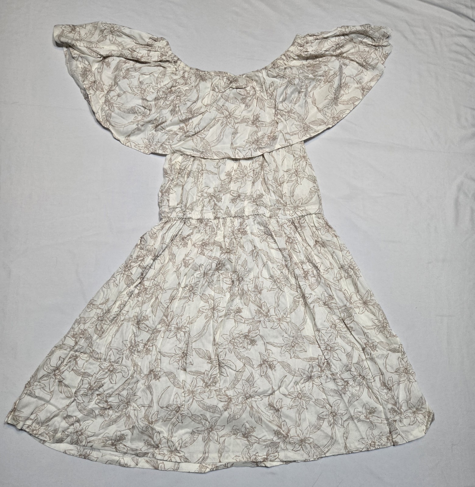 Lagaci Off The Shoulder Mini Smocked Dress Cream Print Medium Boho Feminine