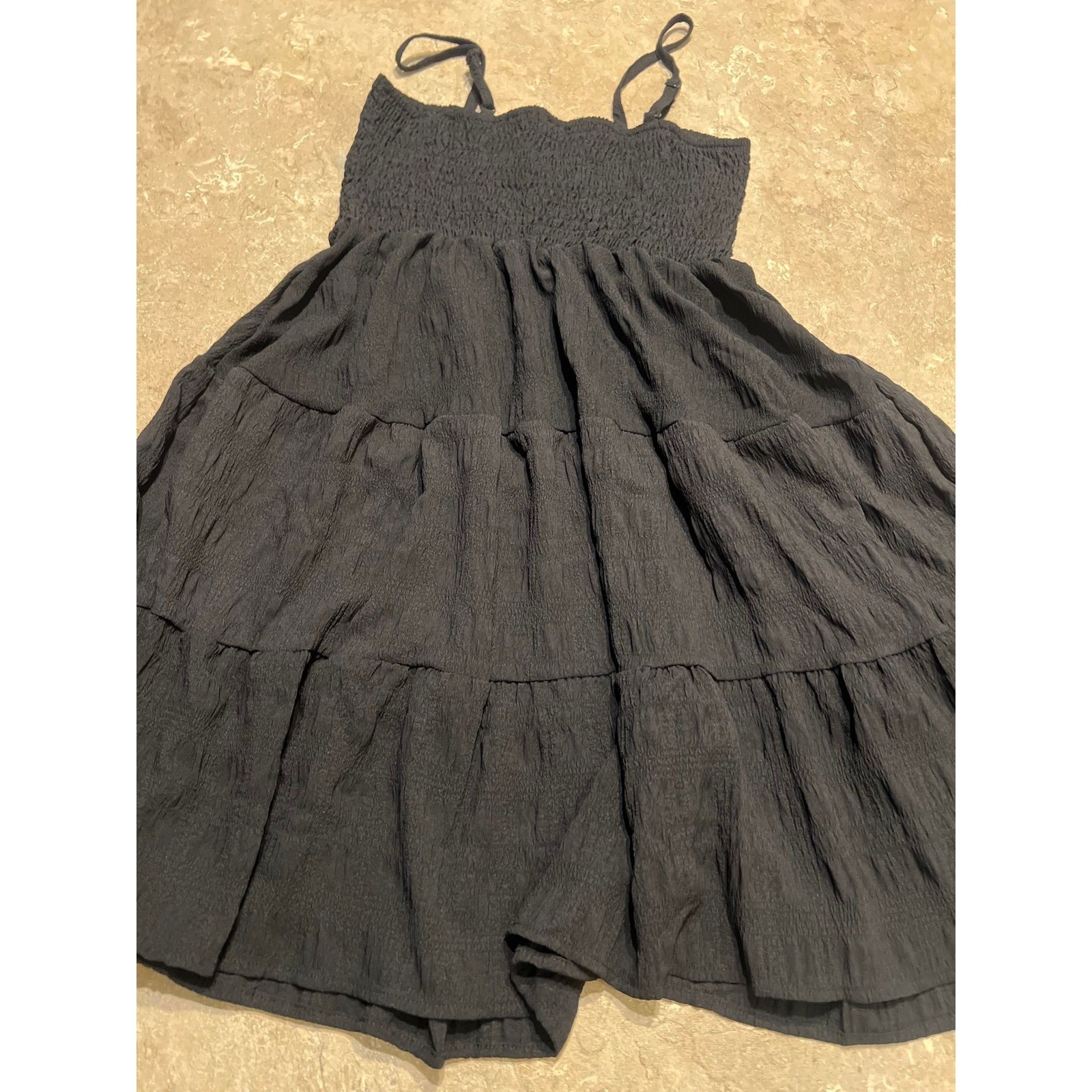 Black Smocked Tiered Mini Dress Textured Crinkle Adjustable Straps Small